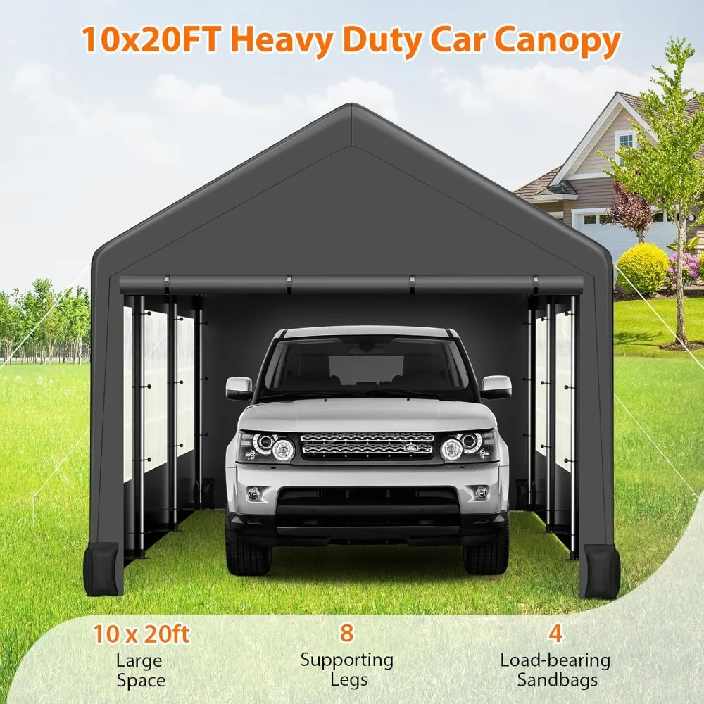 Carport Heavy Duty Carport with Roll-up Ventilated Windows, Portable Garage with Removable Sidewalls & Doors for Car, Truck Boat