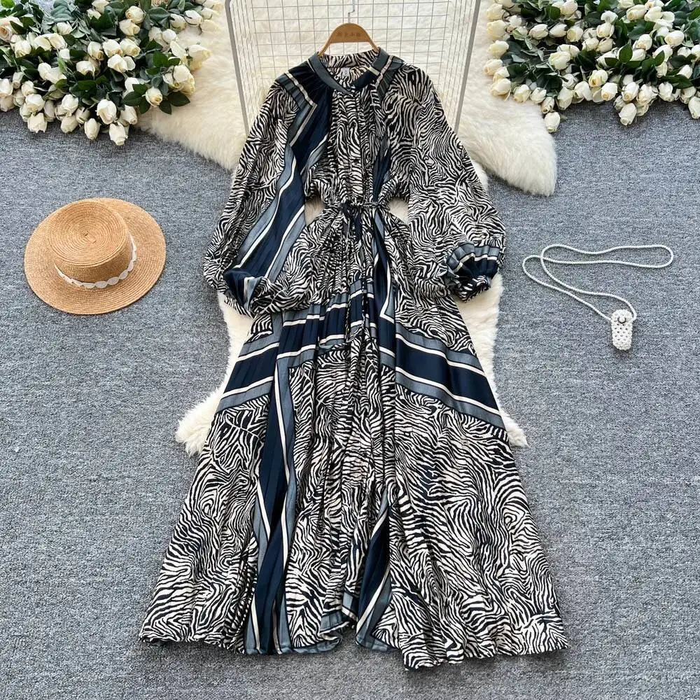 ชุดเดรสยาวสไตล์เกาหลี โบฮีเมียน แฟชั่นผู้หญิง ลายพิมพ์หลวมๆ ผูกเชือก ทรงเข้ารูป กระดุมแถวเดียว ดีไซน์หรูหรา สไตล์วินเทจ