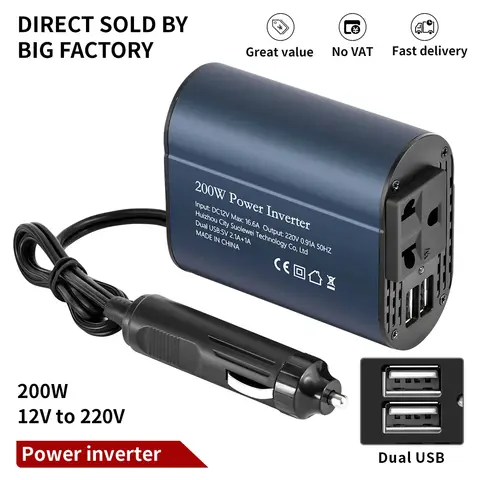 휴대용 태양광 인버터 충전기, EU 소켓, 순수 사인파 인버터, 12V, 200W, 220V, 50HZ