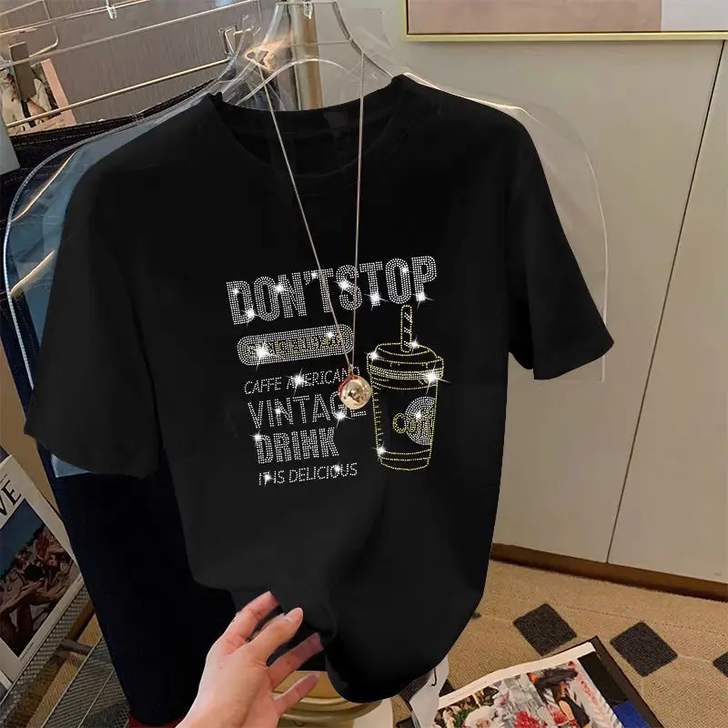 

Summer Loose Casual Pure Cotton Diamonds O-neck Top Tee Women Comfortable Soft Short Sleeve T-shirt Fashion Y2k Pullovers