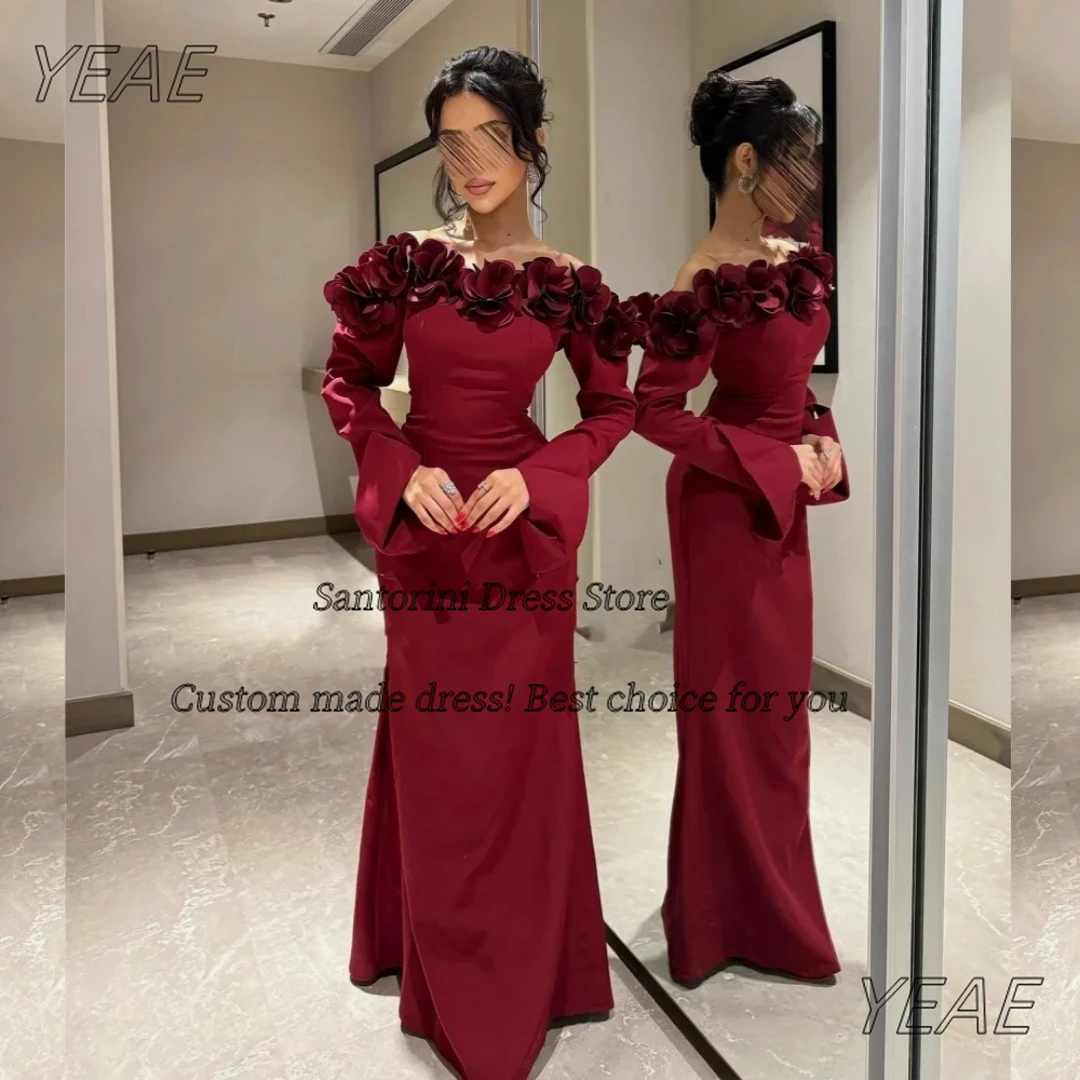 

Santorini Handmade Flowers Boat Neck Prom Dresses Long Sleeves Birthday Party Dress Zipper Back Vestido Evening Gowns Customized