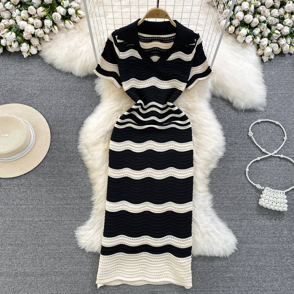 REALEFT Summer Vintage Striped Women\'s Kniited Dresses 2024 New Hollow Out Short Sleeve Polo V-Neck Elegant A-Line Dress Female