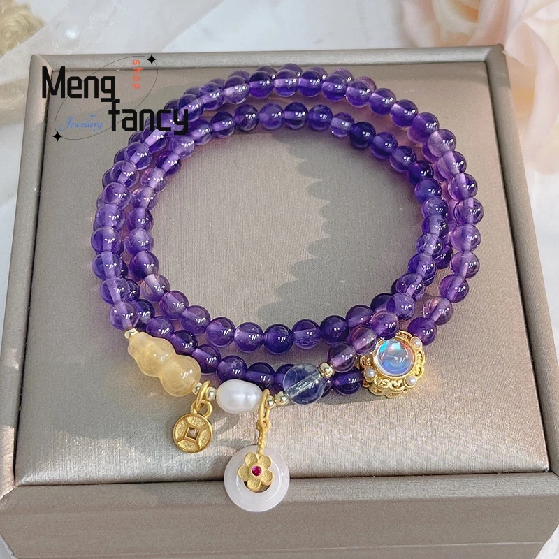 Natural Three Circle Amethyst Peace Button Small Flower Vintage String Bracelet Exquisite Elegant Sexy Young Girls Holiday Gifts