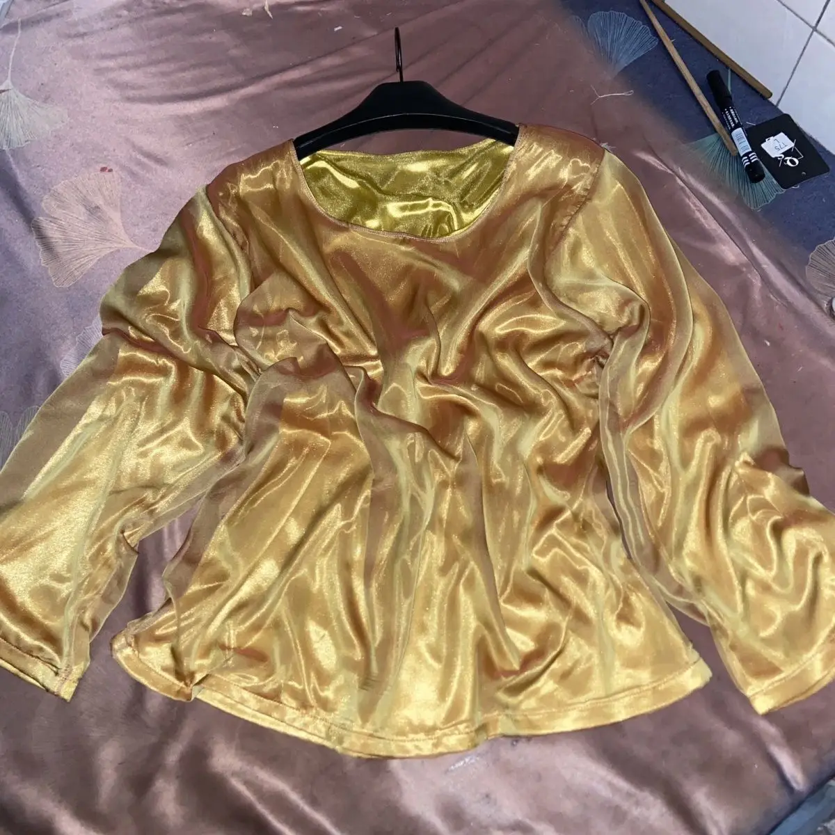 Gold voile outside ice silk inside glossy pajamas top Autumn winter plus size t shirt