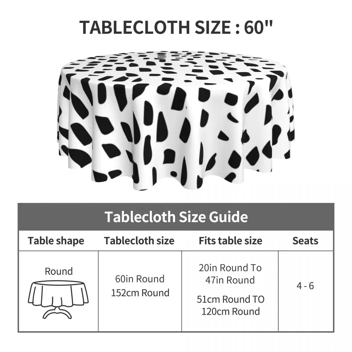 Dalmatian Print Round Tablecloth Spotted Black and White Polyester Table Cloth Fun Home Picnic Events Party Graphic Table Cover