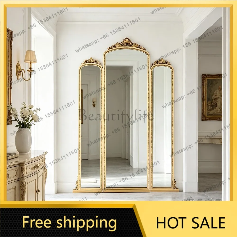 YJ French Retro Carved Tri‑Fold Mirror Large Full‑Length Unit For Clothing Store Home Wall Leaning Decor