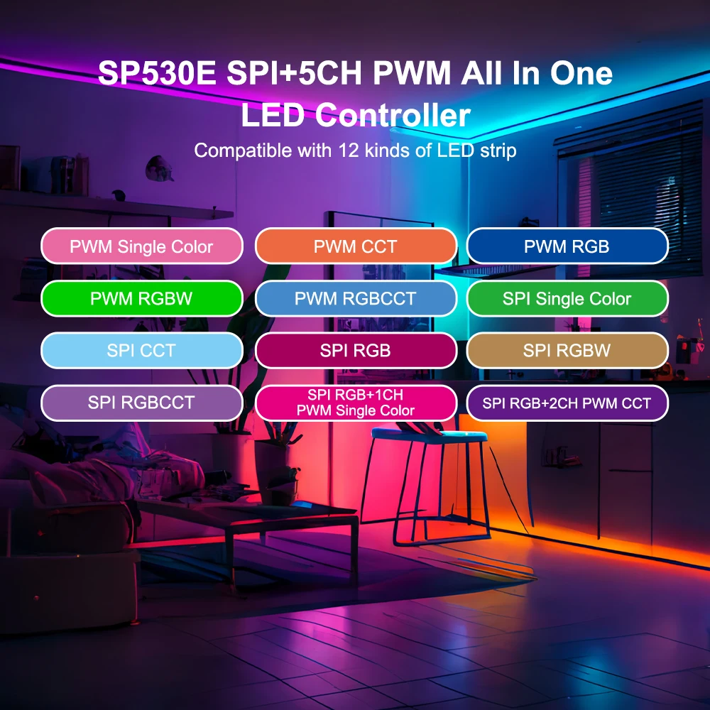 SP530E Wszystko w jednym kontrolerze LED Wifi Alexa Google Home BT 5CH PWM SPI Pixels LED Strip Light WS2811 WS2812B SK6812 FCOB 5V-24V