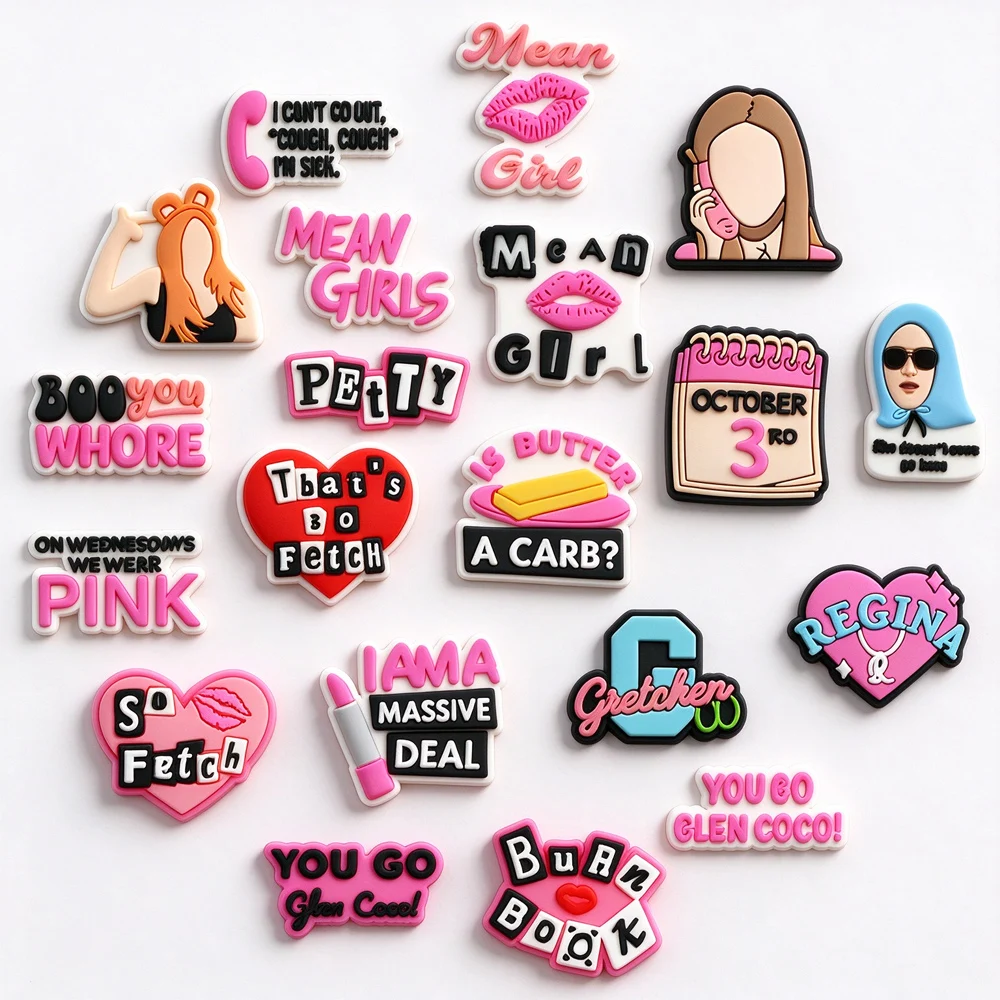 20Pcs Pink Cute Funny Slogan Shoe Charms PVC Soft Rubber Shoe Decorations Accessories Croc Clogs Sandals Gift for Girls Women