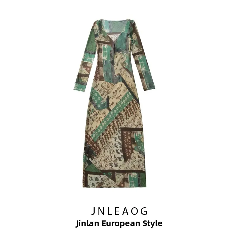 Sexy Ele Faionable Donna Lungo Dr JNLEAOG Autunno Nuovo arrivo Vintage Design Mid-Century Stampato Tubo dritto Dr