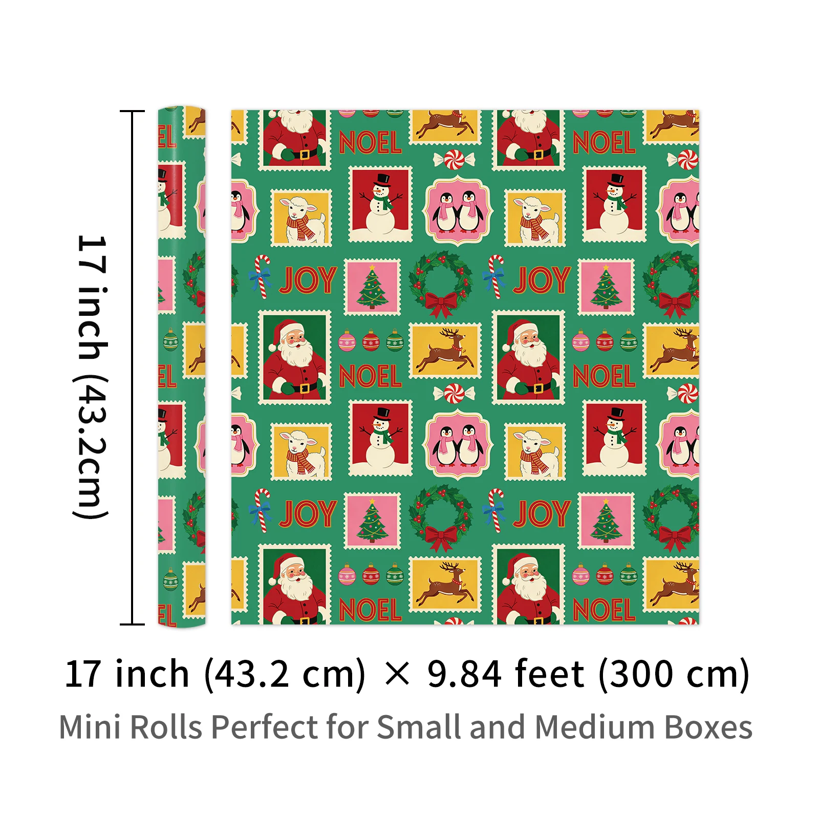 1 Roll of Green-Backed Christmas Stamp Wrapping Paper, Santa Claus and Snowman Design, Playful Holiday Gift DIY Decorative Paper, 43.2cm X 300cm (17inch X 9.84 Feet)