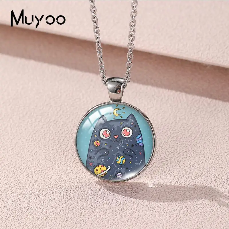 2023 New Planet Cat Pendant Necklace Animal in Solar System Round Photo Necklaces Glass Dome Jewelry Gifts