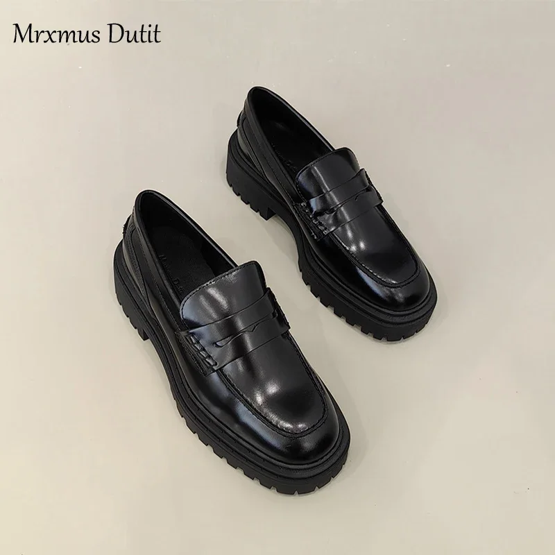 Mrxmus Dutit 2024 New Women Genuine Leather Round Head Thick Loafer Shallow Black Wild Casual Simple Slip-on Shoes Female Chic