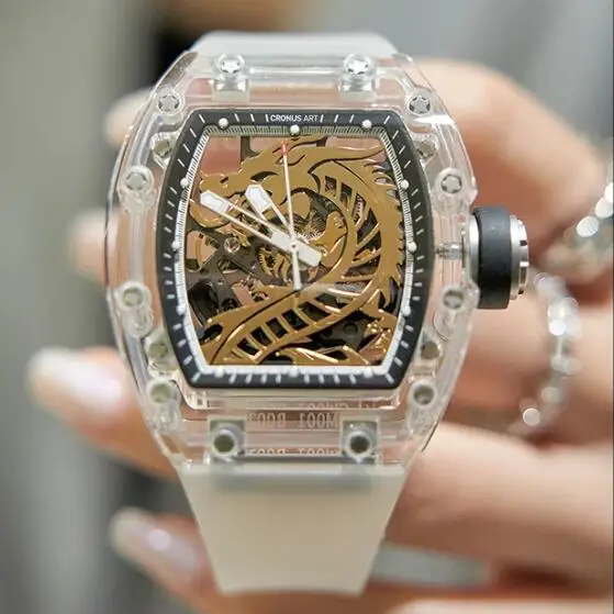 CRONUSART Men Automatic Watch 50mm Tonneau Mechanical Wristwatch Sapphire Case Luminous Silicone Strap Skeleton Dragon Dial