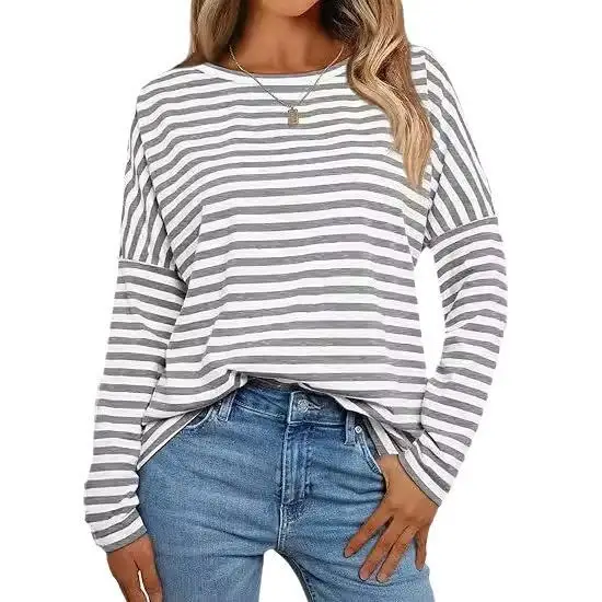 سترة نسائية طويلة مخططة Sve مريحة من البوليستر للتنقل Sle تي شيرت قطعة واحدة مجموعة خريف 2024 #5