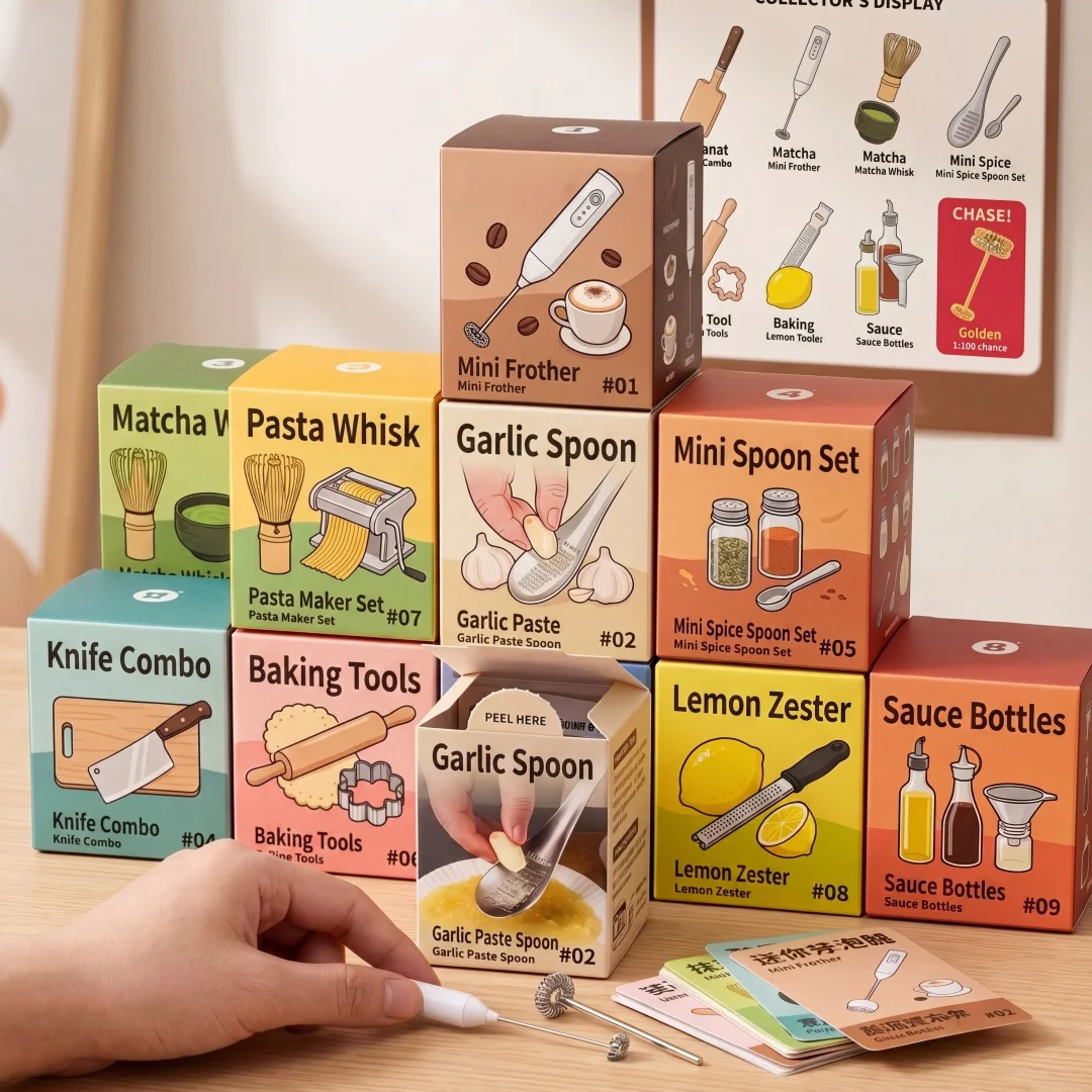 

Blind Box Mini Kitchen Utensils, Random Collectible Cooking Tools with Limited Edition Golden Chaser, Perfect Mystery Gift
