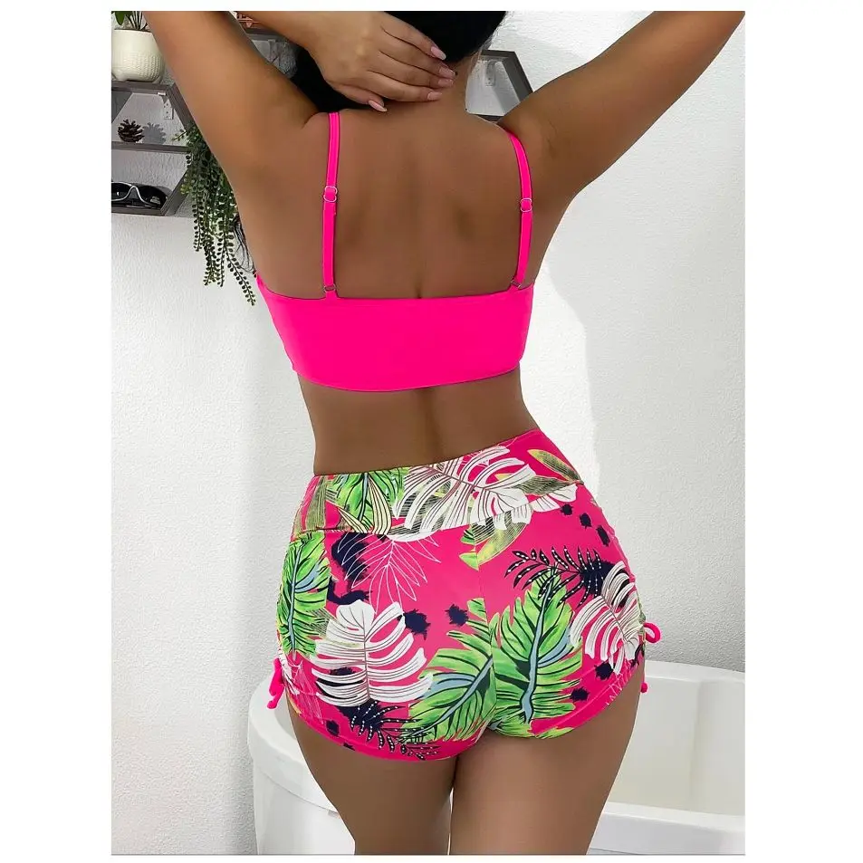 Cikini Summer Beach Tropical Print Bikini Set Drawstring Cami Bra & Boxer Shorts 2 Piece Bathing Suit