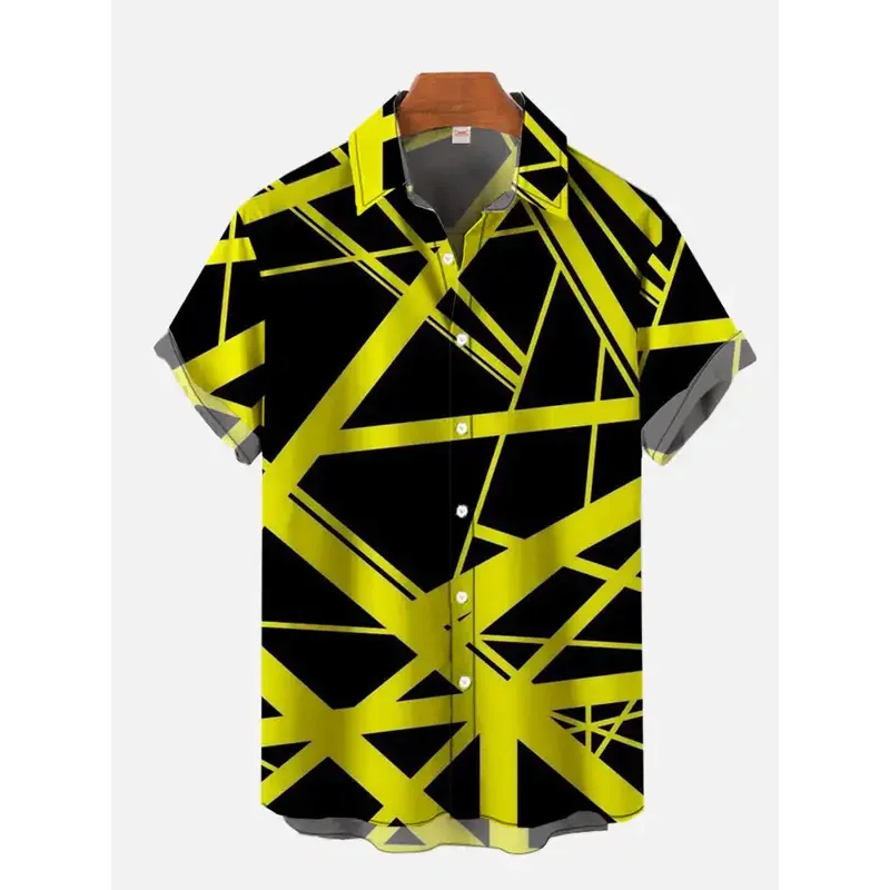 Hawaiian short-sleeved shirt with messy line prints, men's lapel fashion top, 2024 new large-sized men's shirt, casual and comfo