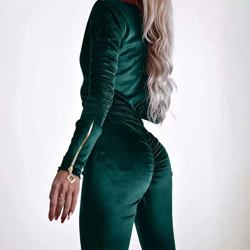 Fashion Zip-up Belt Velvet Jumpsuit Women Spring Autumn Long Sleeve Casual Sportswear High-waist Rompers Solid Color Jumpsuits