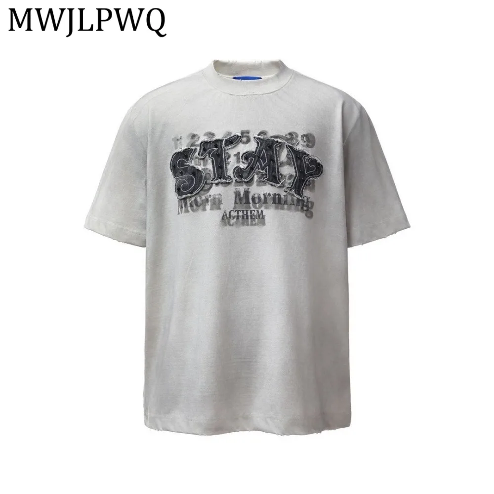 

Мужская футболка MWJLPWQ Street Stylish с коротким рукавом, с бисерными буквами, летняя, модная, с эффектом спрей-окрашивания, потертостями и рваными краями, 14133