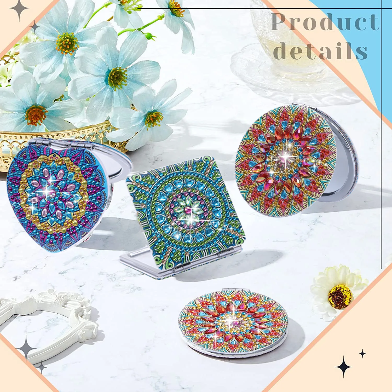 1PC/Set DIY Mandala Diamond Art Compact Mirror Leather Portable Folding Double-side Mirror Kit Painting Pocket Mirror for Adults