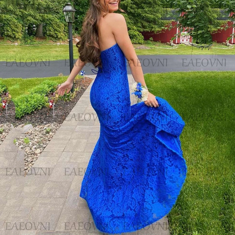 Temperamento Blue Lace Strapless Prom Gown, Vestido Sereia Sem Encosto, Sexy Evening Party Dress, Vestido de banquete Vintage Tulle, Celebridade