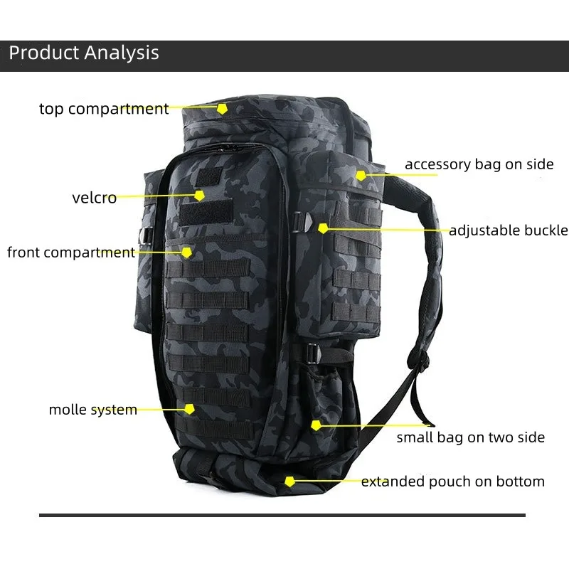 Unisex 70L Outdoor Tactical Backpack 900D Oxford Polyester Lined Camouflage Zip Open and Close Hunting Camping Mountaineering