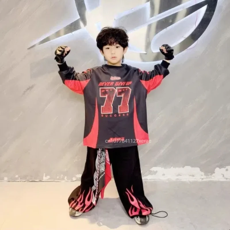 Traje de baile callejero para niños, conjunto 77 de llamas negras y rojas, trajes de espectáculo escénico para niños y niñas de marca de moda hip-hop