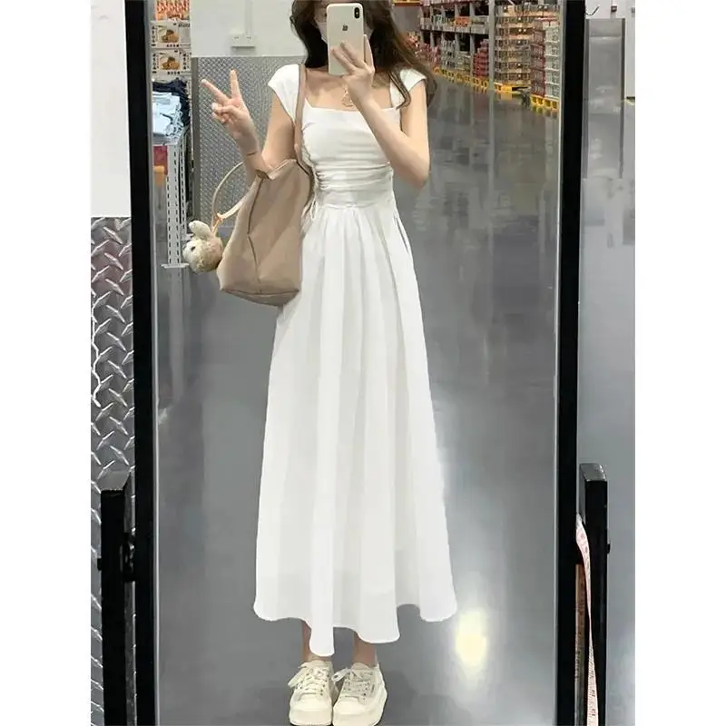 White Dress for Women Summer French Style Waist Drawstring Splicing Fake Two Piece Small Flying Sleeves Suspender Long Dress