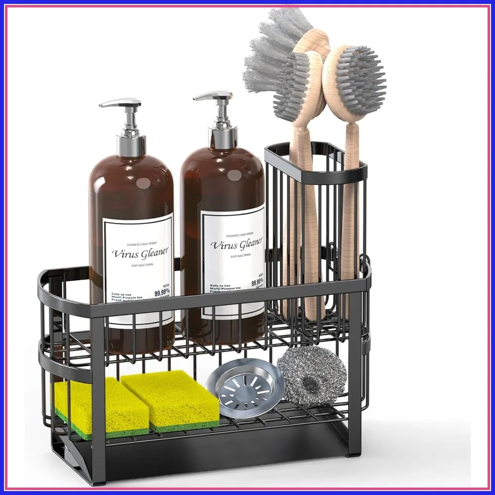 

2-Tier Kitchen Sink Organizer Caddy with High Brush Holder, Rust-Proof Countertop Rack (Black 10.6x4.3x5.7")