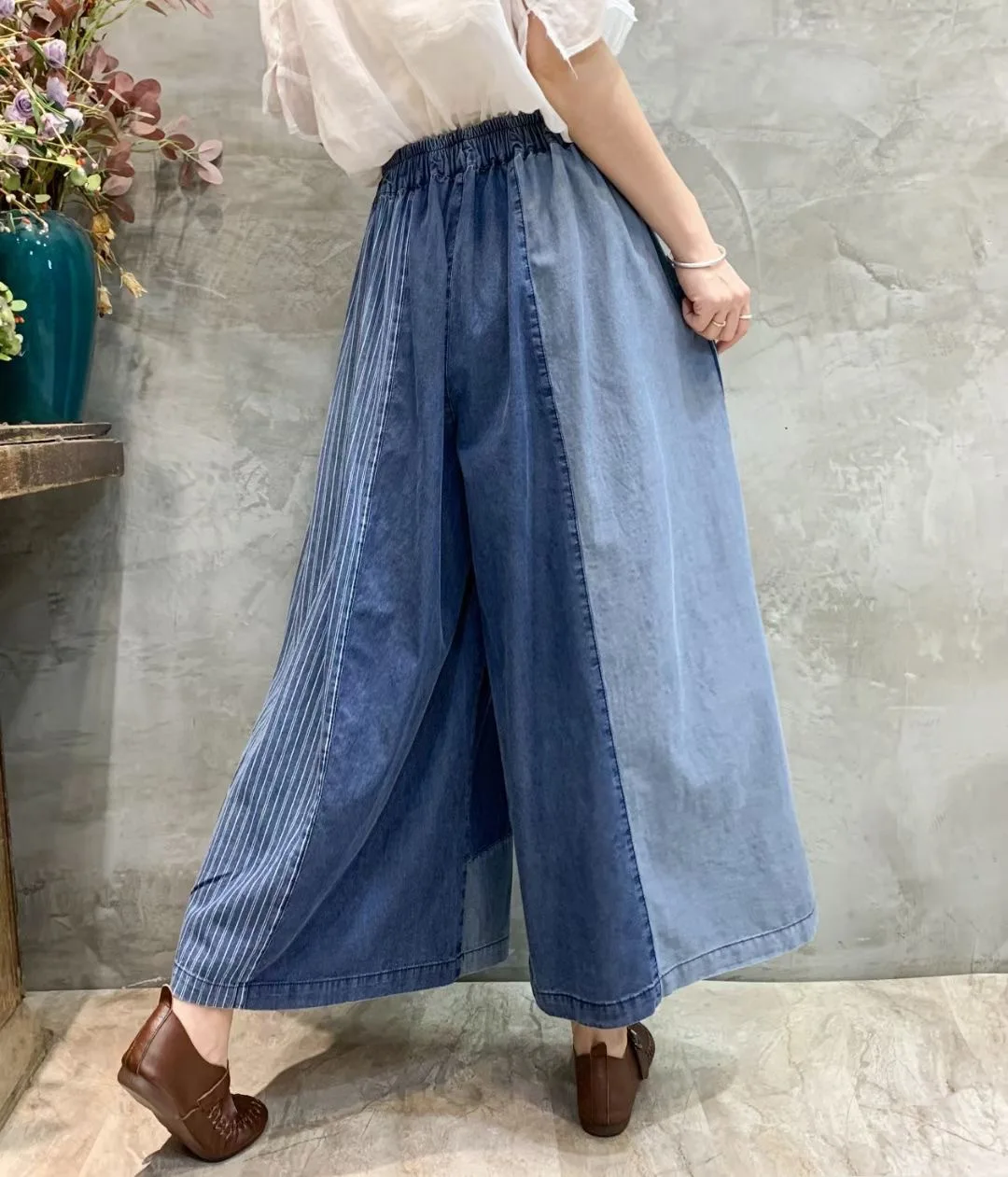 Frühling Sommer Mode Denim Breite Hosen Frauen Lose Klassische Plaid Vintage Jeans Frauen Gestreiften Freizeit Übergroßen Hosen