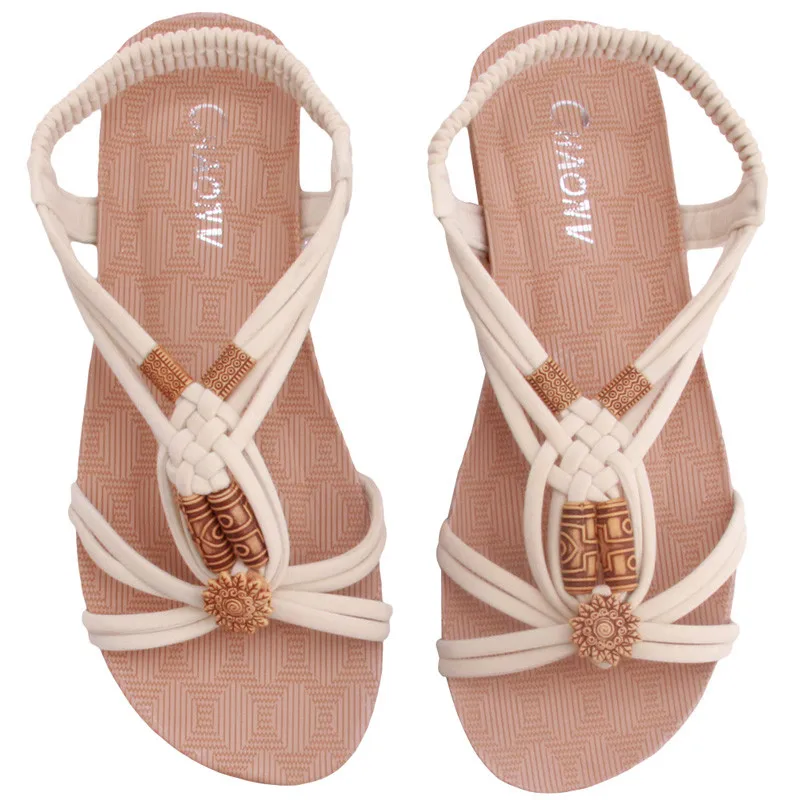 Sandálias de praia femininas frisadas flip-flop plana bohemia sapatos de praia femininos sapatos de verão salto médio moda chinelo