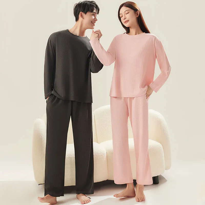

Waffle Pajamas Sets For Women Men Spring Autumn Sleepwear Two Pieces Suits Solid Color Nightwear Couple Casual Home Clothes