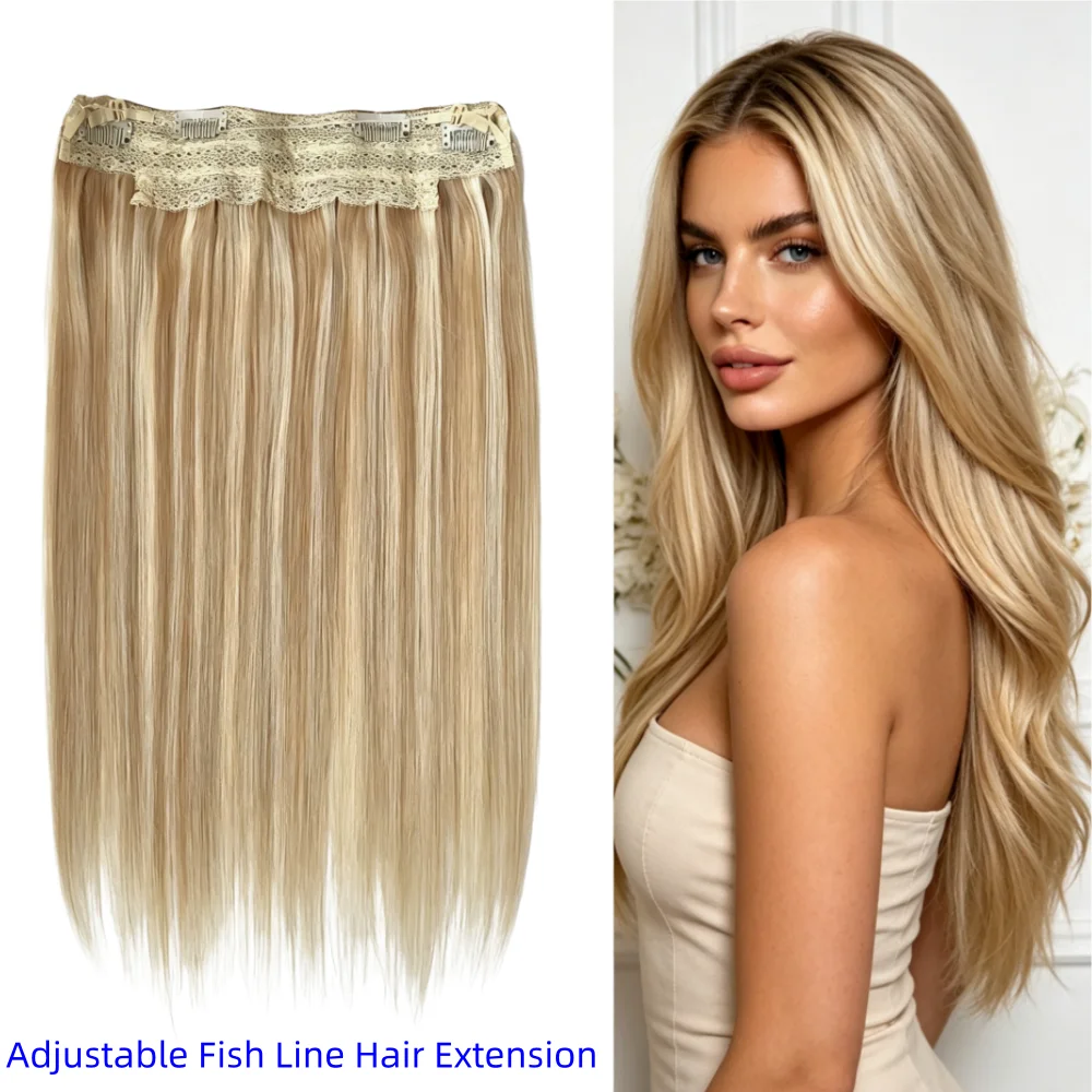 27613 Highlight Color Adjustable Fish Line Hair Extensions Human Hair, Invisible Wire Straight Human Hair Extensions for Women,