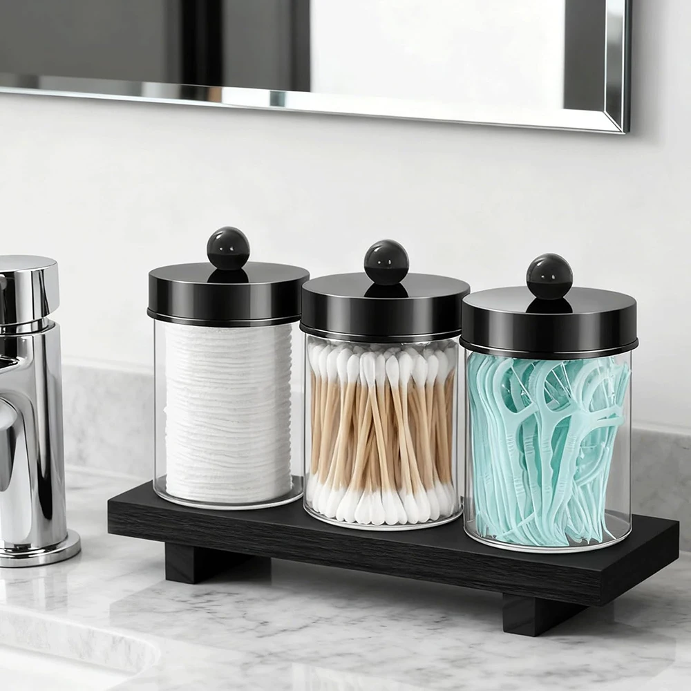 3 Pack Bathroom Organizers Canister Qtip Holder - Apothecary Jars Box with Lids, Storage Tray for Cotton Balls,Swabs,Floss Picks