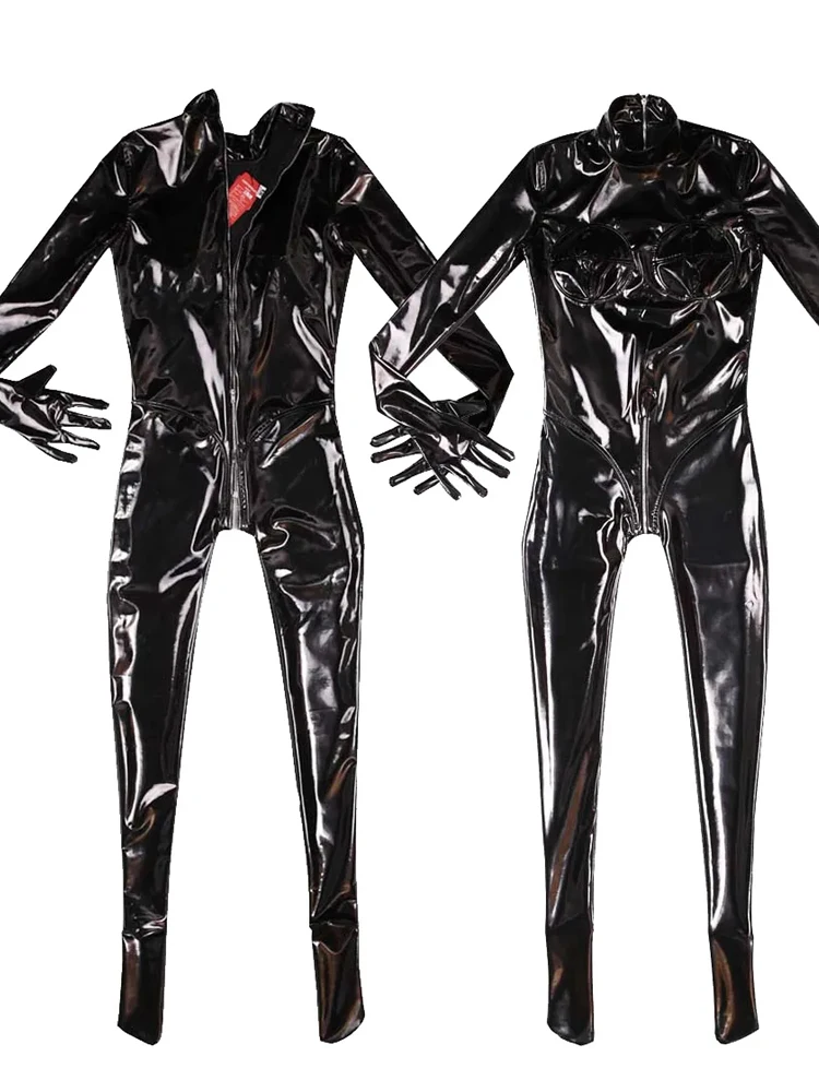 

Separated Fingers Wet Look PVC Catsuit Shiny PU Leather Open Crotch Bodysuit Tights Cosplay Conjoined Leotard Sexy Jumpsuit Body