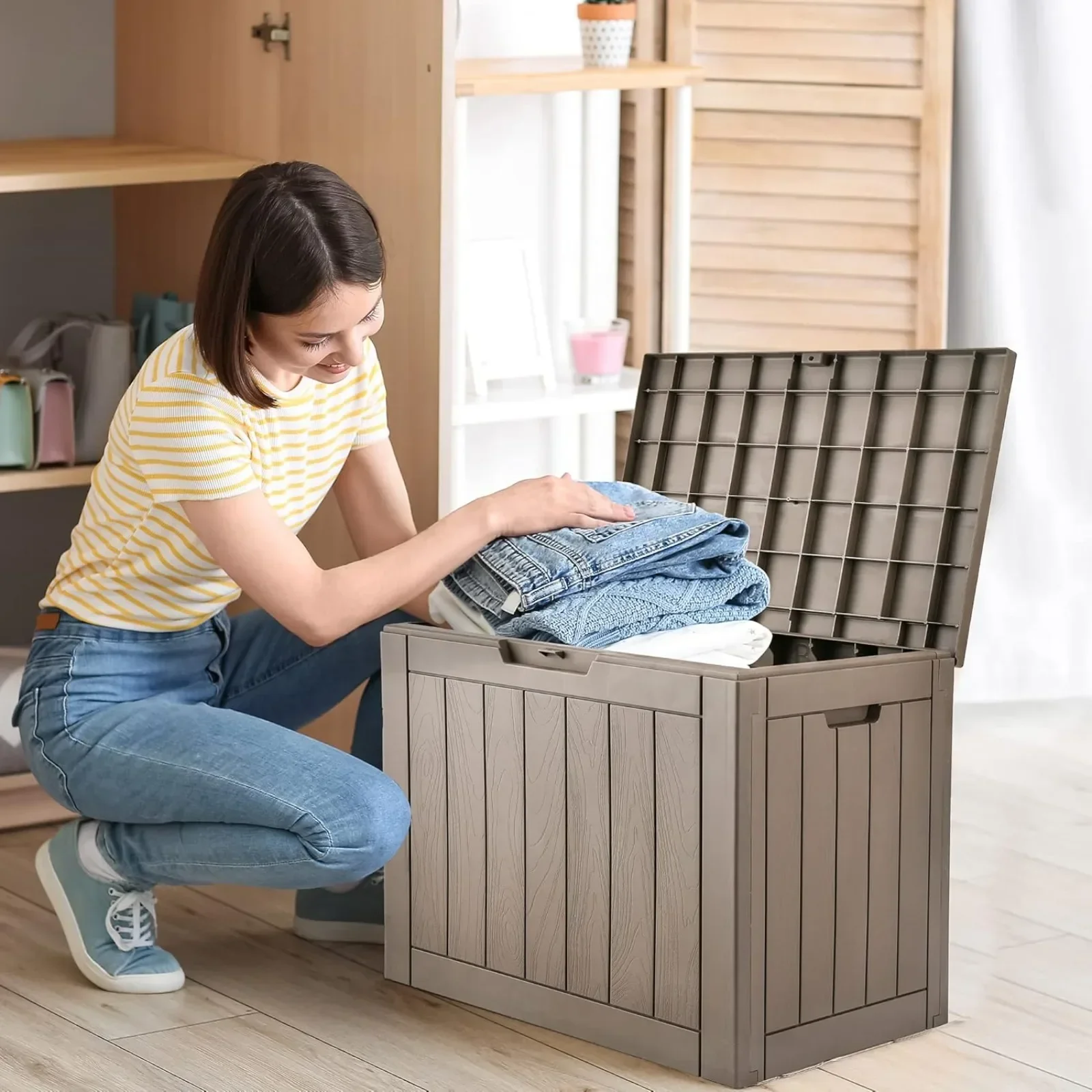 US 30 Gallon Deck Box Outdoor Storage Box, Waterproof Resin Package Delivery and Storage Box with Lockable Lid for Patio