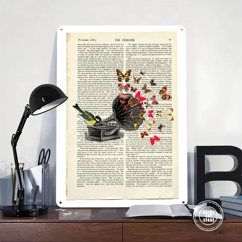 Vintage Gramophone With Butterfly Collage Tin Plaque Poster Customized Retro Wall Art Vintage Metal Signs for Room Home Decor