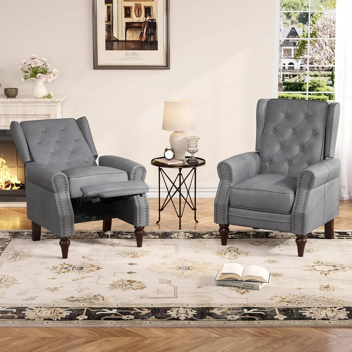 Small Recliner Chair Set Of 2, Modern Faux Leather Recliner With Tufted Buttons And Metal Rivets, Wingback Arm Chairs With