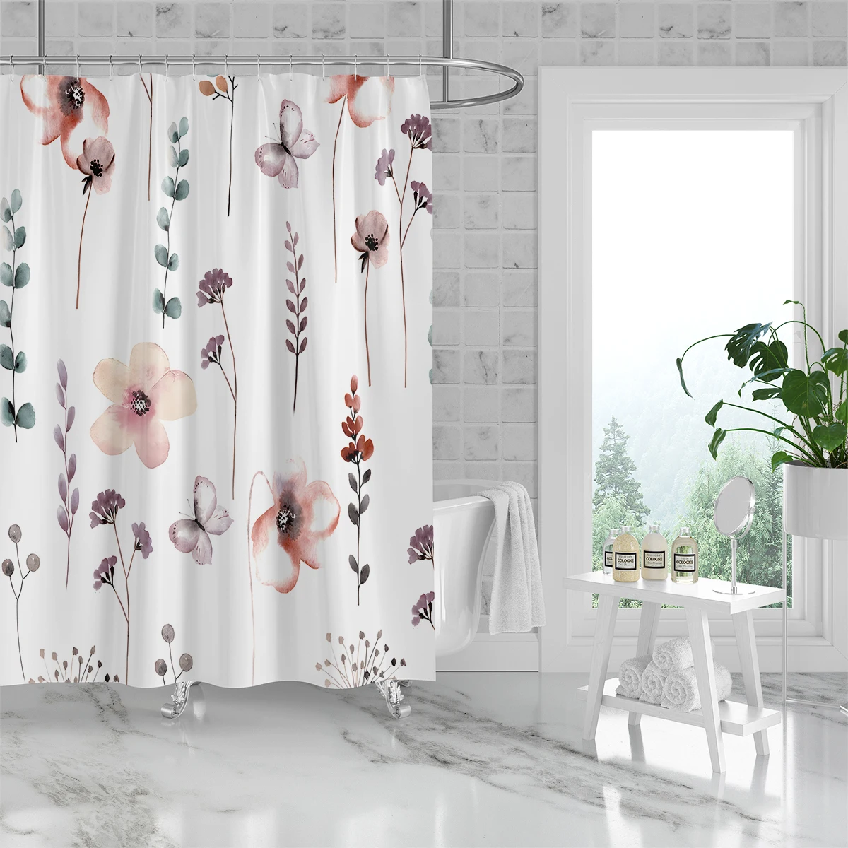 1PC180x180cm shower curtain, pink flower, waterproof and mildew resistant partition decoration, bathroom with hooks