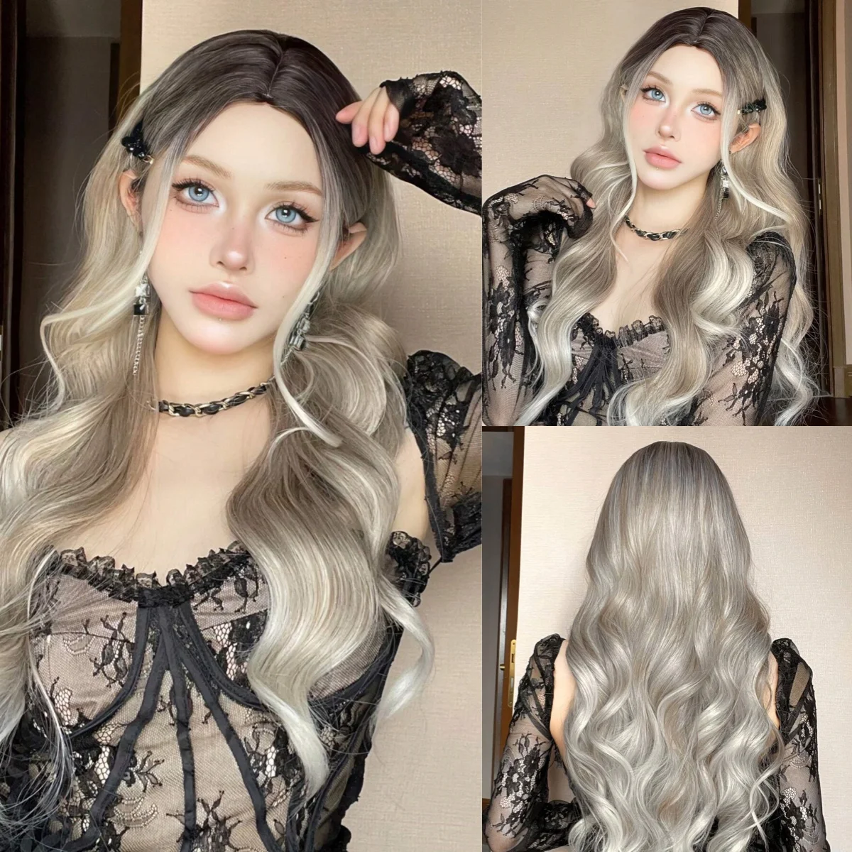 

Platinum Long Wavy Synthetic Wigs Natural Dark Root Grey Highlight for Women Middle Part Lolita Cosplay Heat Resistant Fiber