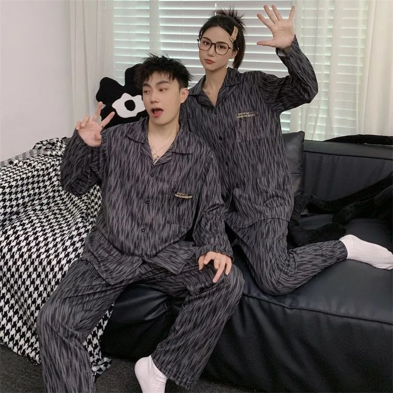 Latest Spring Autumn Pajamas Long Sleeve Striped Sleepwear Fashion Couple Home Wear Set Men Women with Lapel Print Nightdress