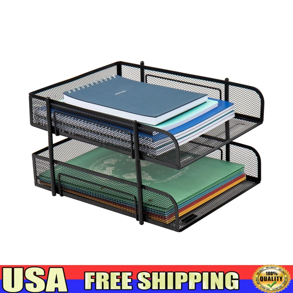 

2-уровневый штабелируемый настольный органайзер с металлической сеткой для хранения файлов Эффективное офисное решение Прочный черный дизайн Легкий доступ