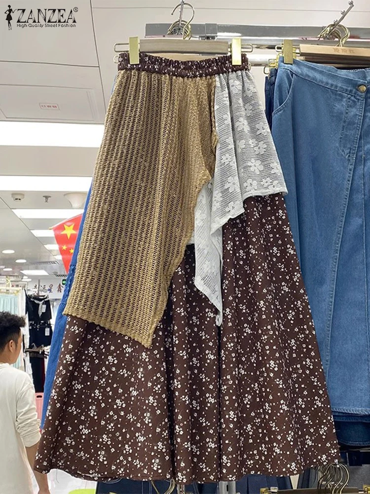 ZANZEA bohème imprimé jupes femmes taille haute dentelle Patchwork Maxi jupes Vintage Faldas décontracté taille élastique vacances jupes