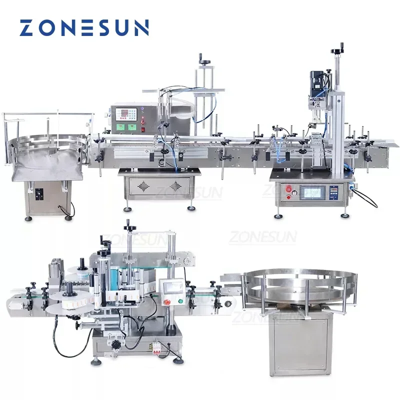 Zonesun pequena linha de produção automática pneumática suco gel garrafa enchimento tampando e máquina de rotulagem plana para cosméticos