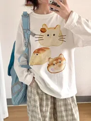 HOUZHOU Kawaii Graphic White T-shirts Women Casual Oversized Cute Long Sleeve Tees Harajuku Vintage Sweet Japanese Fashion Tops