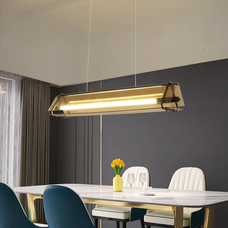 Tempered Glass Dining Table Island Pendant Lamp Modern Design New Minimalist LED Amber Suspension Kitchen Lighting Fixture Decor