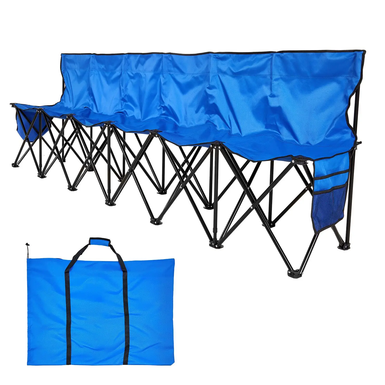 Portable Folding Bench, 6 Seat Foldable Soccer Bench with Side Pockets and Carrying Bag, Lightweight Sideline Seating with Back