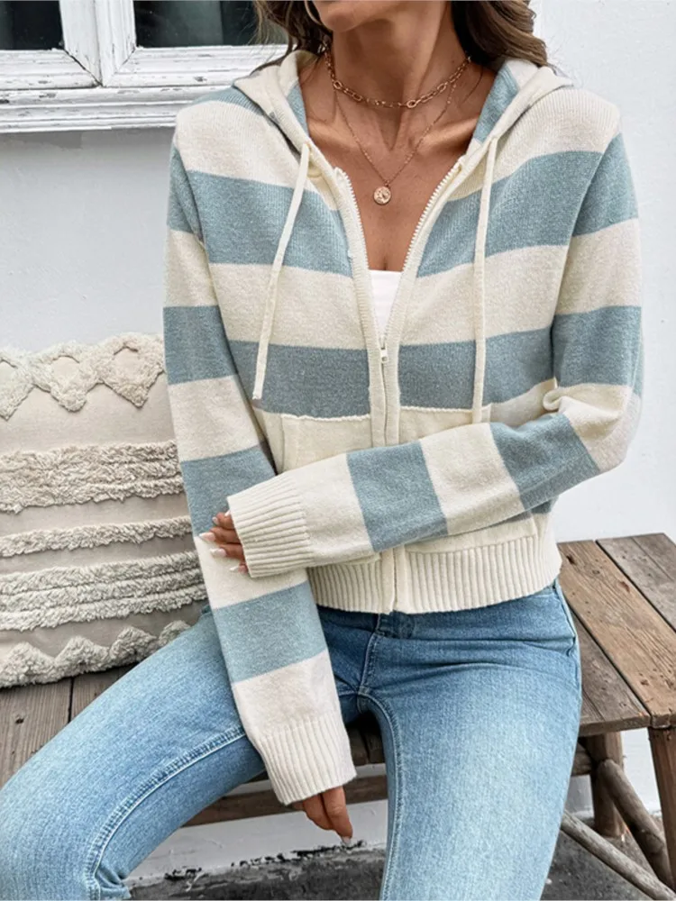

Winter Clothes Woman Pulls Femmes Cardigans All-match Loose Simple Style Sweater Striped All-match Contrast Hooded Casual Office
