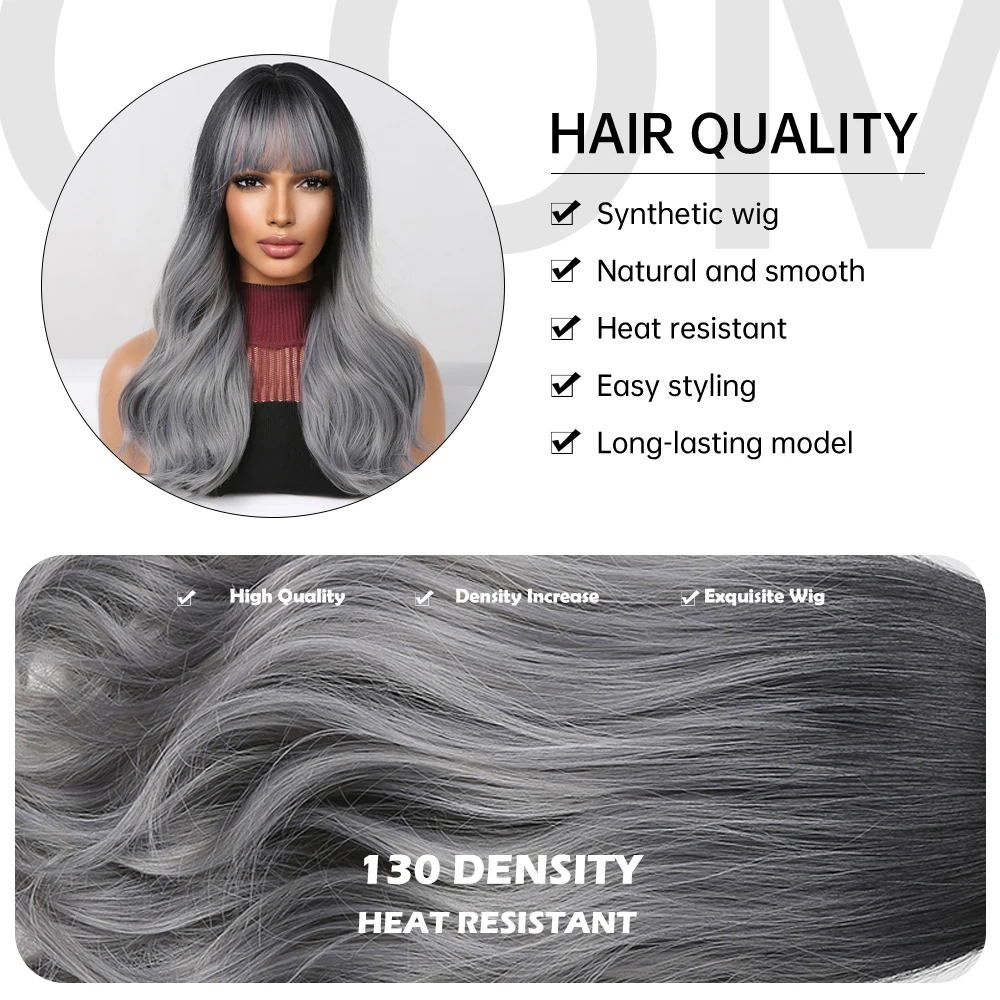 EASIHAIR Long Wavy Silver Gray Synthetic Wigs with Bangs Ombre Ash Cosplay Hair Wigs for Women Daily Party Heat Resistant Fiber