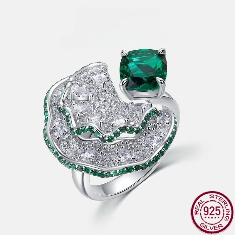 

New 925 pure silver light luxury fan-shaped inlaid cultivation emerald inlaid cultivation colorful treasure ring wedding jewelry